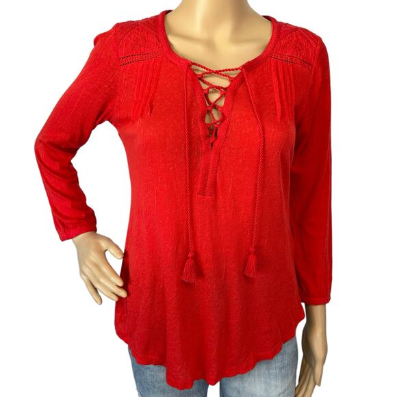 2/$15 Lucky Brand Lace-Up Embroidered Peasant Top Red Boho Tassel Size XS - Picture 2 of 9